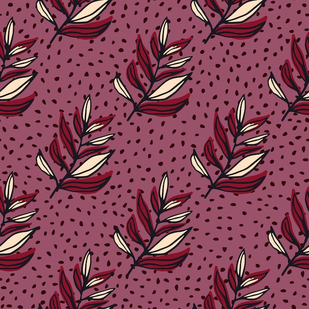 Leaves branch outline abstract seamless pattern. Contoured red botanic ornament on dark lilac background with dots.