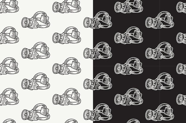 LED headlamp doodle engraving seamless pattern on black white background set for adventure