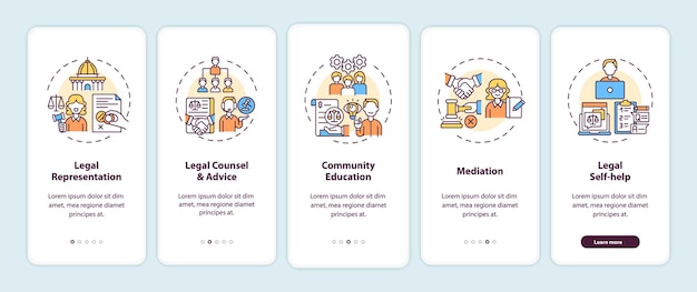 legal services categories onboarding mobile app page screen with concepts