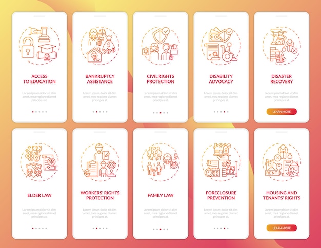 Legal services onboarding mobile app page screen with concepts. Judge verdict walkthrough 10 steps graphic instructions.