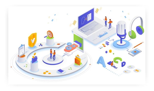 Legal transcription services, flat vector isometric illustration. Audio transcription. Automatic speech recognition.