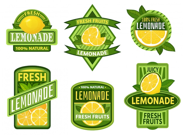 Lemonade badges. Lemon drink emblem badge, fresh fruits lemons juice vintage lemonades emblems  set