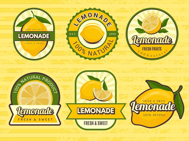 Lemonade badges. Retro labels with lemon illustrations design emblem for juice. Label emblem, fruit lemonade, juice fresh drink illustration