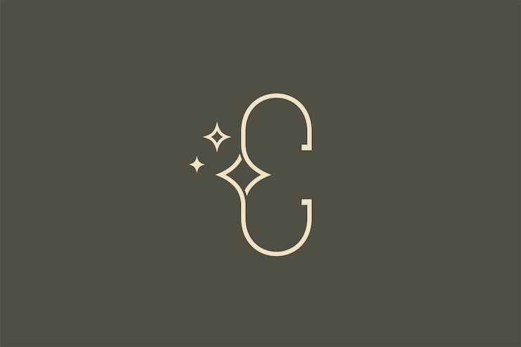 Letter C line art logo vector illustration with sparkling stars