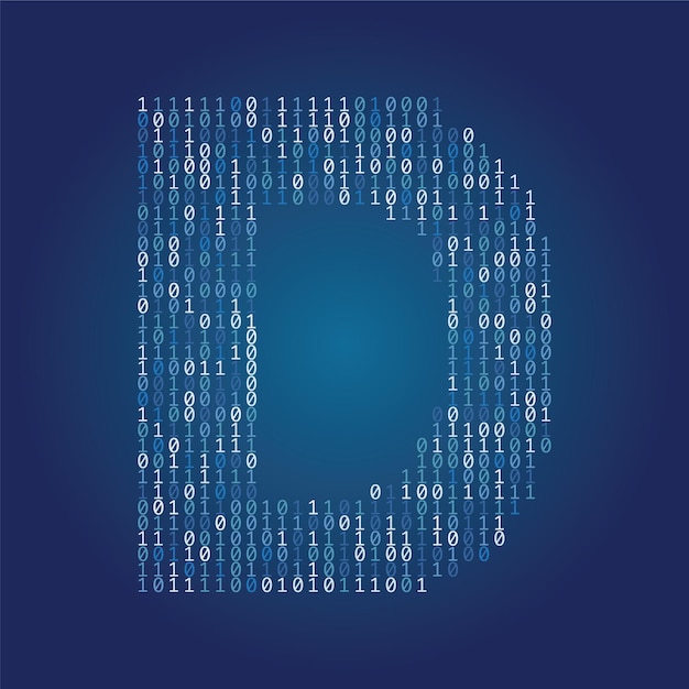 Letter d font made from binary code digits on a dark blue background
