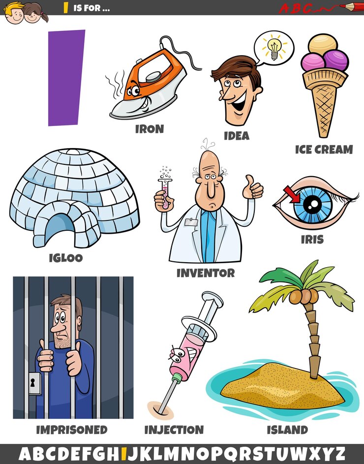 Vektör letter i set with cartoon objects and characters