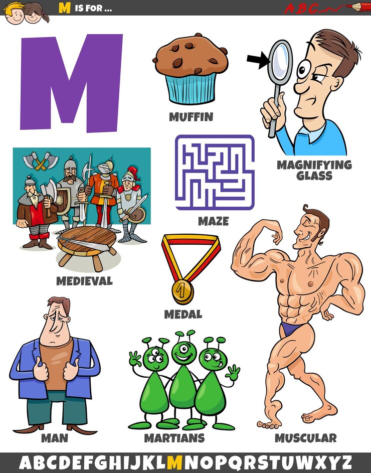Vektör letter m set with cartoon objects and characters