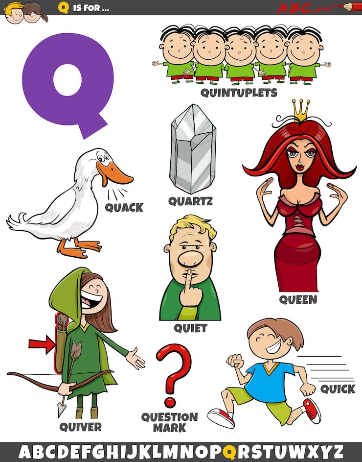 Vektör letter q set with cartoon objects and characters