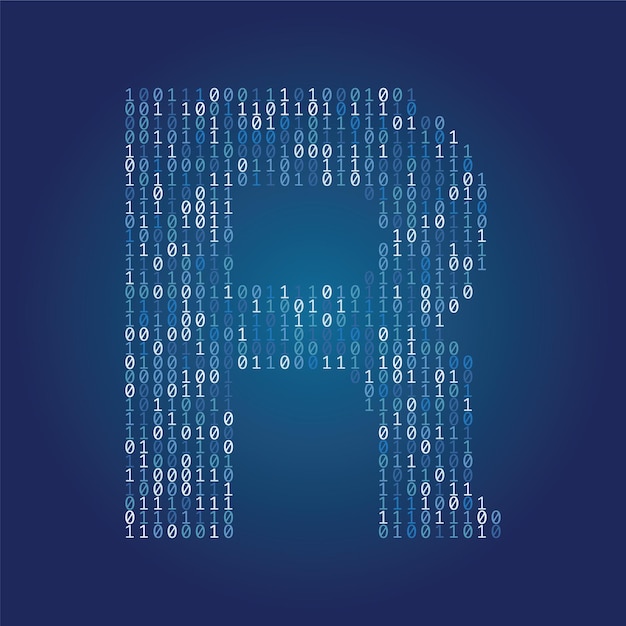 Letter r font made from binary code digits on a dark blue background