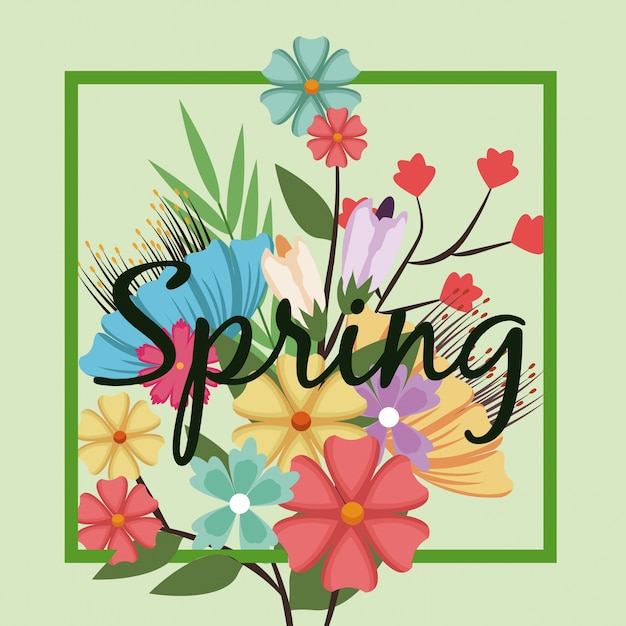 Lettering spring time on background with spring flowers 