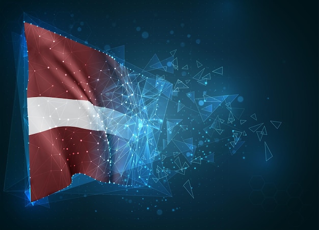 Lettland, flagga, virtuellt abstrakt 3D-objekt från triangulära polygoner på en blå bakgrund