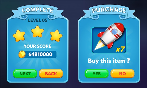 Level complete and buy purchase menu pop up with stars score and buttons GUI 