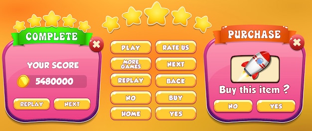 level complete and purchase menu pop up screen with stars and button