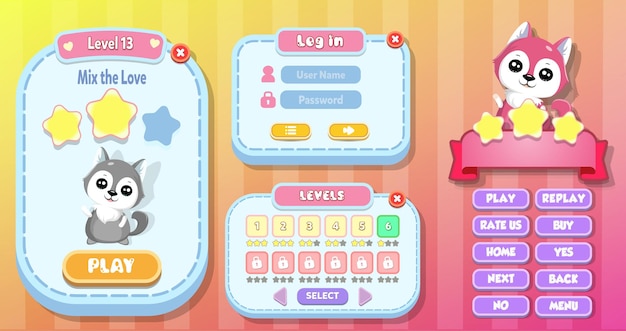 level complete, level selection and login menu pop up with buttons and cat