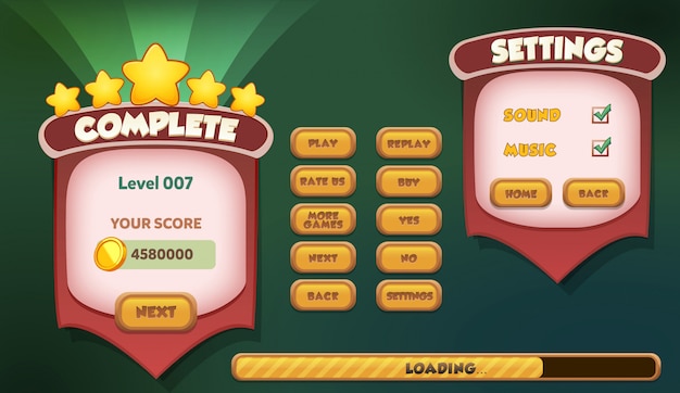 level complete pause and settings menu scene pop up with sound music and buttons