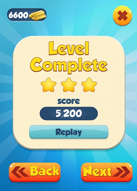 Level complete scene with stars and score