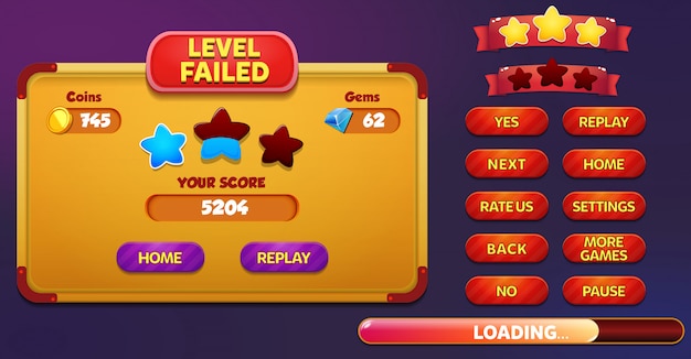 level failed menu pop up screen with stars, buttons, coins and gems