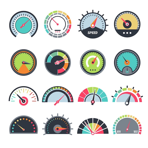 Level measure symbols. Speedometer guage indication fuel vector infographic symbols collection