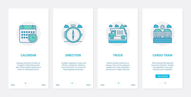 Leveringsservice fragt forsendelse planlægning ux ui onboarding mobil app side skærm sæt.