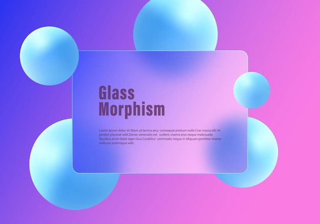 Levitating 3D spheres and glass transparent frame glass morphism style background