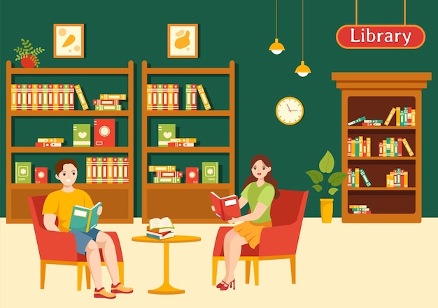 Library Illustration of Book Shelves with Interior Wooden Furniture for Education and Knowledge