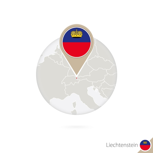 Liechtenstein map and flag in circle. Map of Liechtenstein, Liechtenstein flag pin. Map of Liechtenstein in the style of the globe. Vector Illustration.