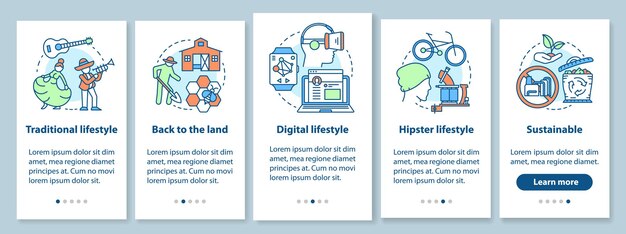 Lifestyle types onboarding mobile app page screen with linear concepts. Traditional, digital, hipster life style walkthrough steps graphic instructions. UX, UI, GUI vector template with illustrations