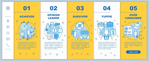 Lifestyle types onboarding mobile web pages vector template. Achiever, leader. Responsive smartphone website interface idea with linear illustrations. Webpage walkthrough step screens. Color concept