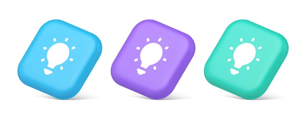 Light bulb illuminated innovation idea button brainstorming creative solution 3d realistic icons