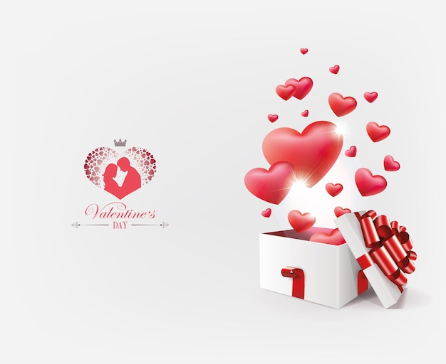 light composition with a white box with ribbons a red bow and a set of hearts
