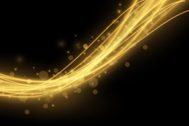 Light effect with glowing gold wavy lines and sparkles isolated on transparent special effec.. Vector illustration