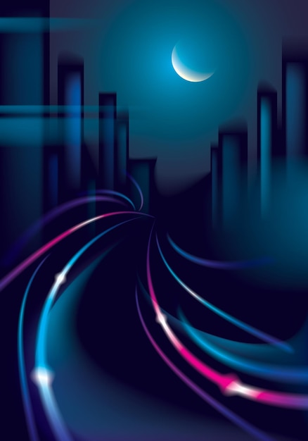 light trail vehicles at highway in big city in the nighttime. effect vector beautiful background. blur colorful dark background with cityscape, buildings silhouettes skyline.
