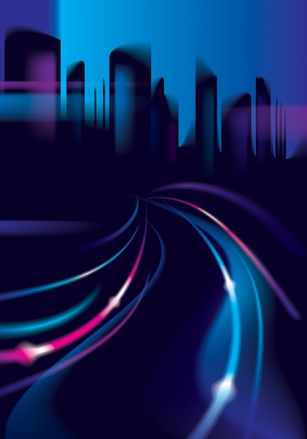 light trails on the street of big city in the night. effect vector beautiful background. blur colorful dark background with cityscape, buildings silhouettes skyline.