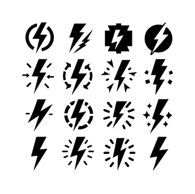 Lightning bolt icon vector set isolated on white background Black flash symbol thunderbolt vector