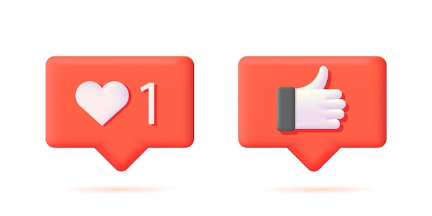 Like tags heart shape and hand with thunb up 3d icon illustrations red speach bubbles