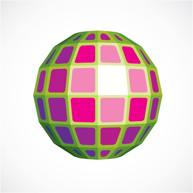 Lila fasetterad klot skapad av kvadrater, dimensionell vektorsfär. Lågpoly geometrisk designelement för användning inom teknik och teknologi.