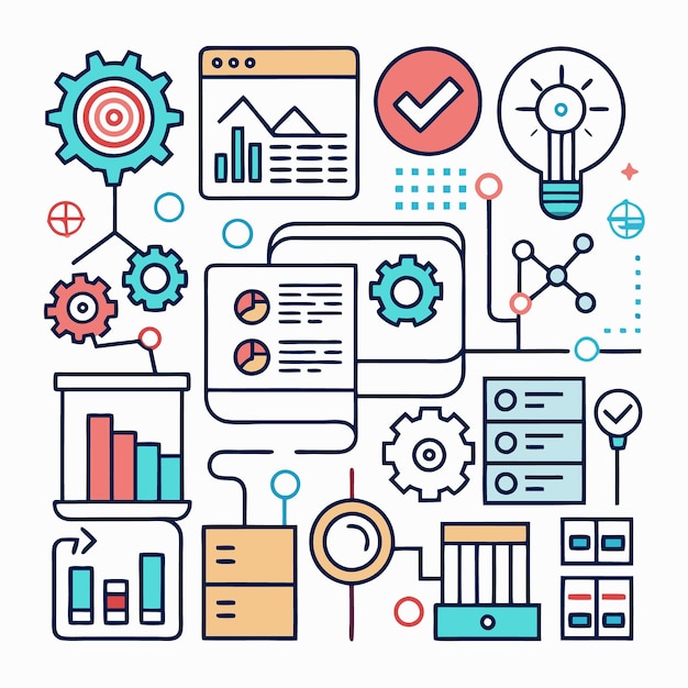 Line art design with various data and analysis concepts connected by lines