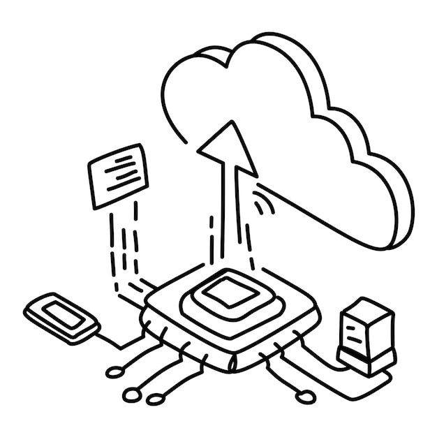 line art illustration depicting edge computing showcasing data processing happening locally on devi