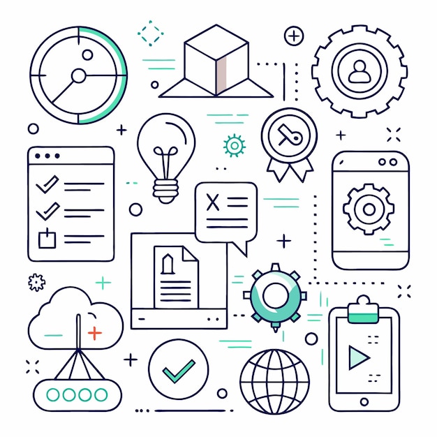 Line art illustration of various digital technology and business elements