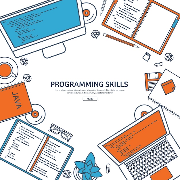 Line art programming coding flat computing background code hardware software web development search