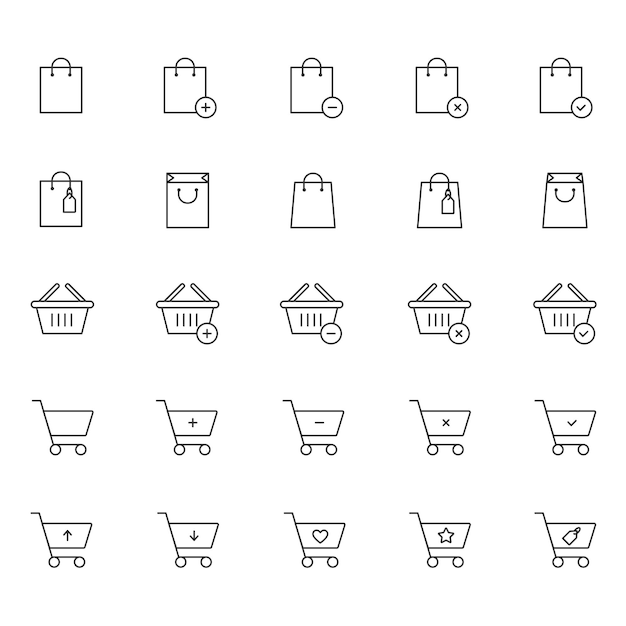 Line Art Shopping Bag and Cart Icons Vector Bag Cart Basket Sale Purchase Discount Icons