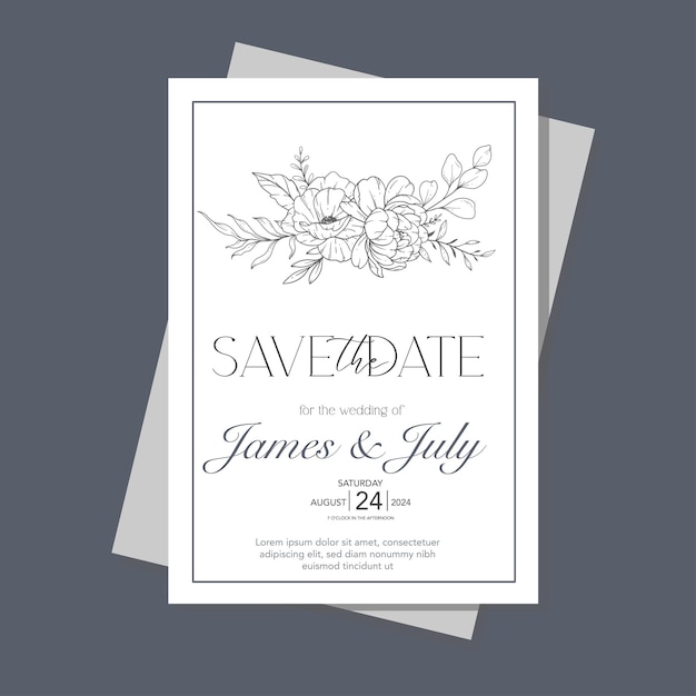 Line Art Wildflowers Wedding Invitation template Outline Wildflowers Minimalist Wedding Stationery