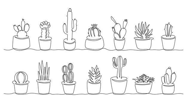 Line cactus in pots Continuous line botanical home decoration exotic plants Mexican desert succulent flowerpot Vector one line set