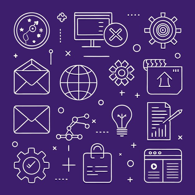 Line icons of business and digital marketing elements on purple background