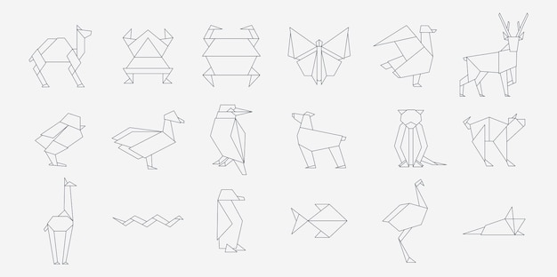 Line origami animals Geometric folded Japanese traditional papercraft animals simple outline