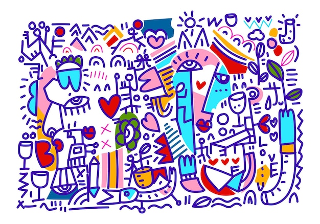 Lineær tegning af ansigtsportræt, doodle, geometrisk kontur, håndtegnet vektorillustration, minimalistiske linjer
