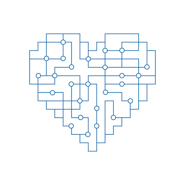 Linear circuit board with heart shape for love technology metaphor vector logo illustration