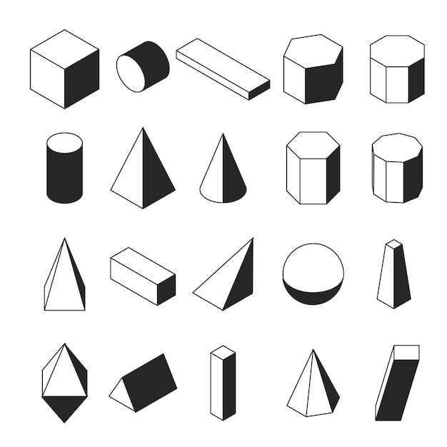 Linear isometric geomtric shapes. Black and white objects. Simple math icons. Vector illustration.
