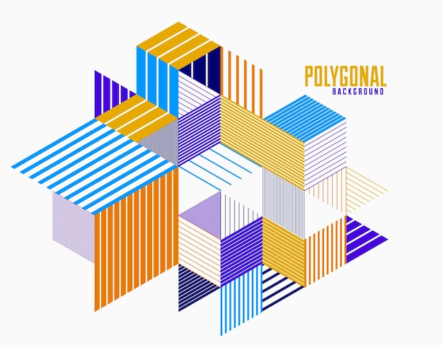 Linear striped abstract vector dimensional 3D background with isolated retro style graphic element with cubes and triangles. Template for poster or banner, cover or ad.