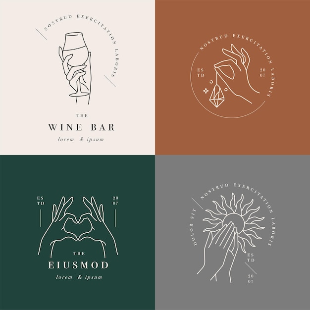 linear template logos or emblems - hands in in different gestures.